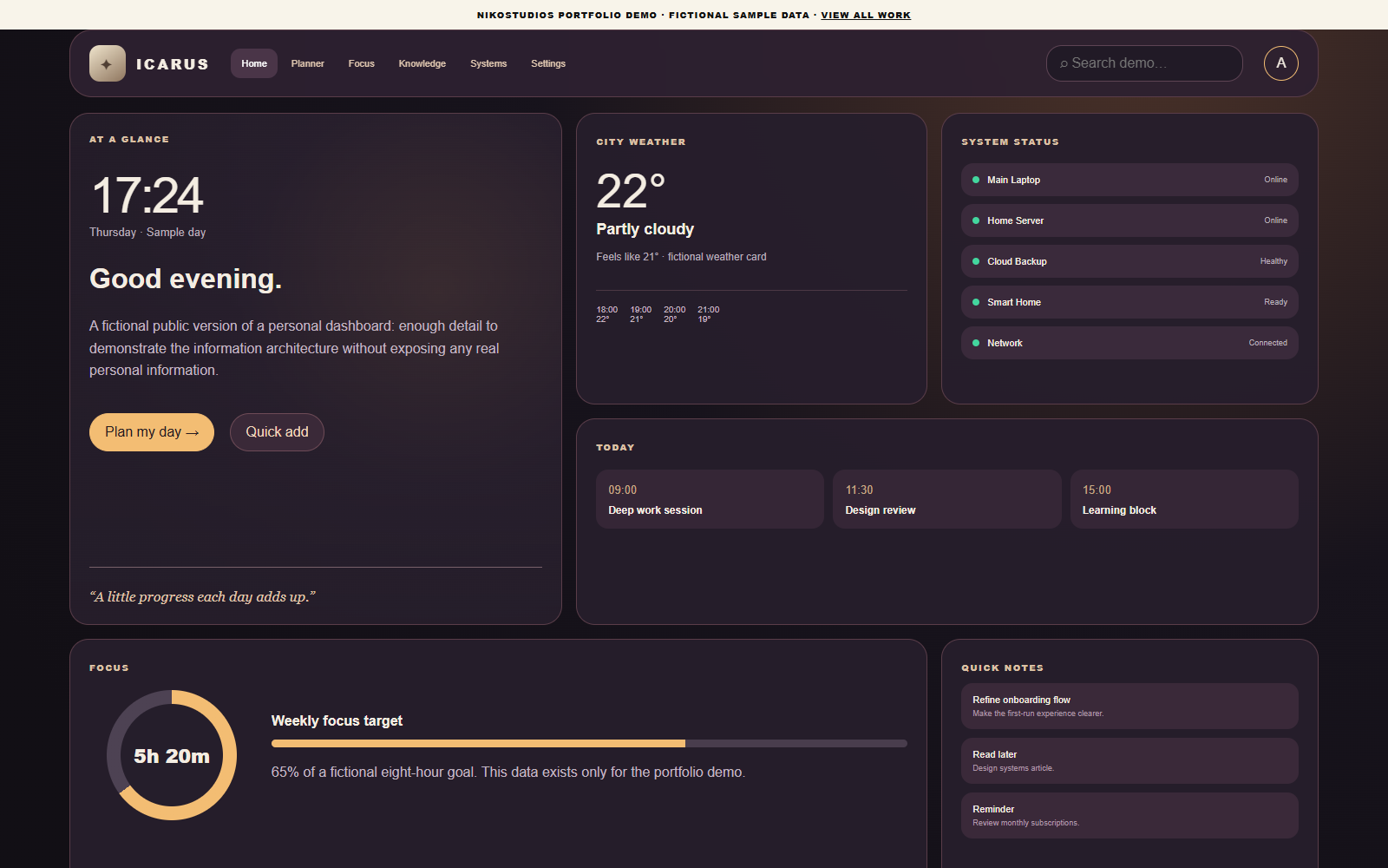 Icarus Dashboard public demo showing fictional sample content