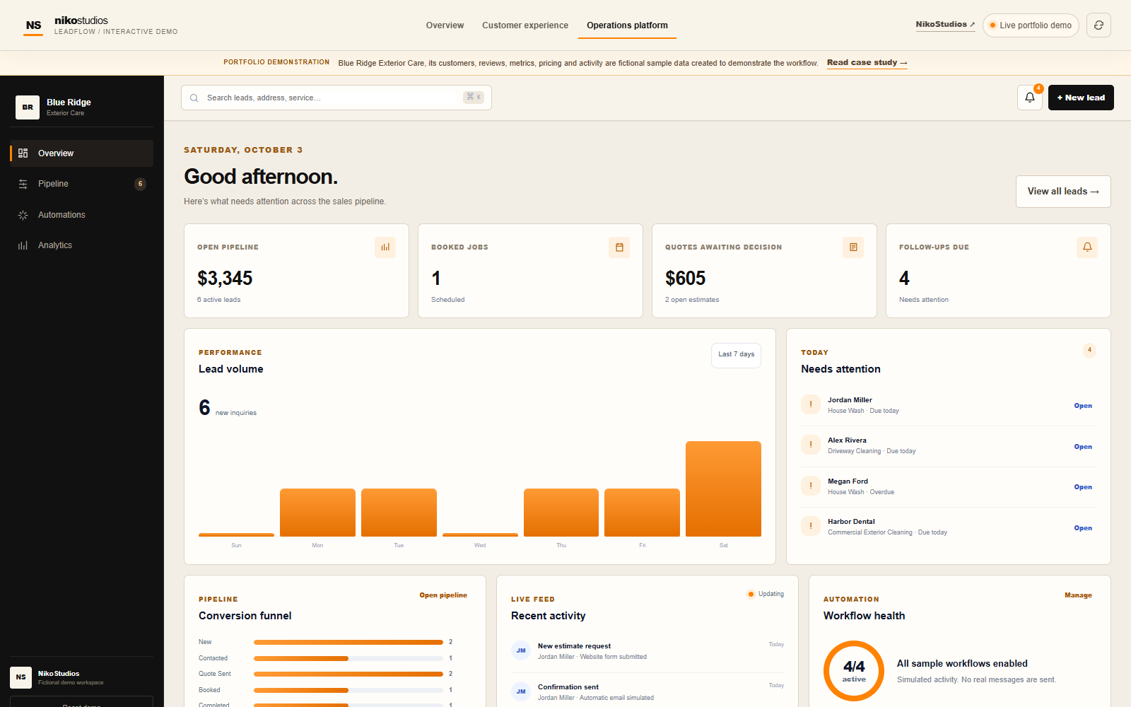 LeadFlow public demo showing fictional sample content