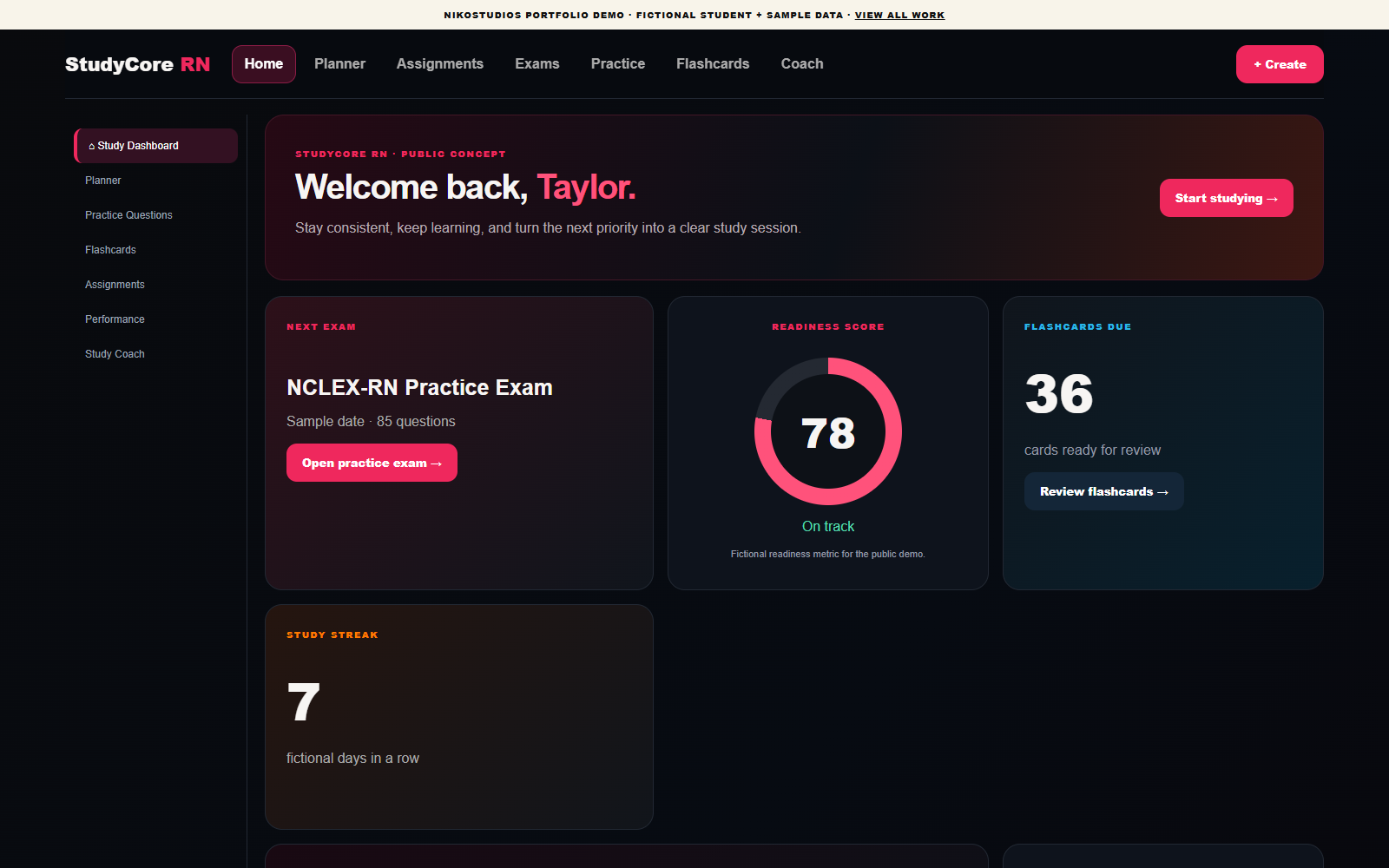 StudyCore RN public demo showing fictional sample content